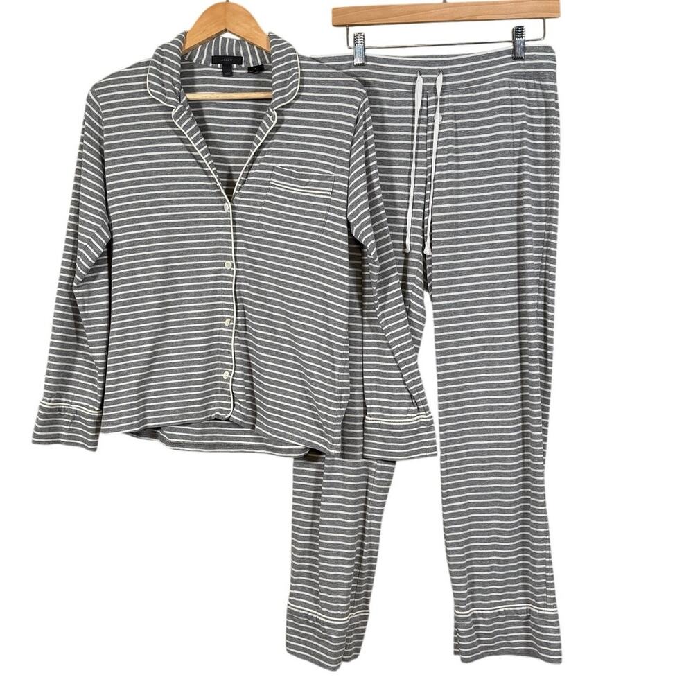 J.Crew Gray White Striped Cotton Pajama Set Button Down Pants Small Preppy